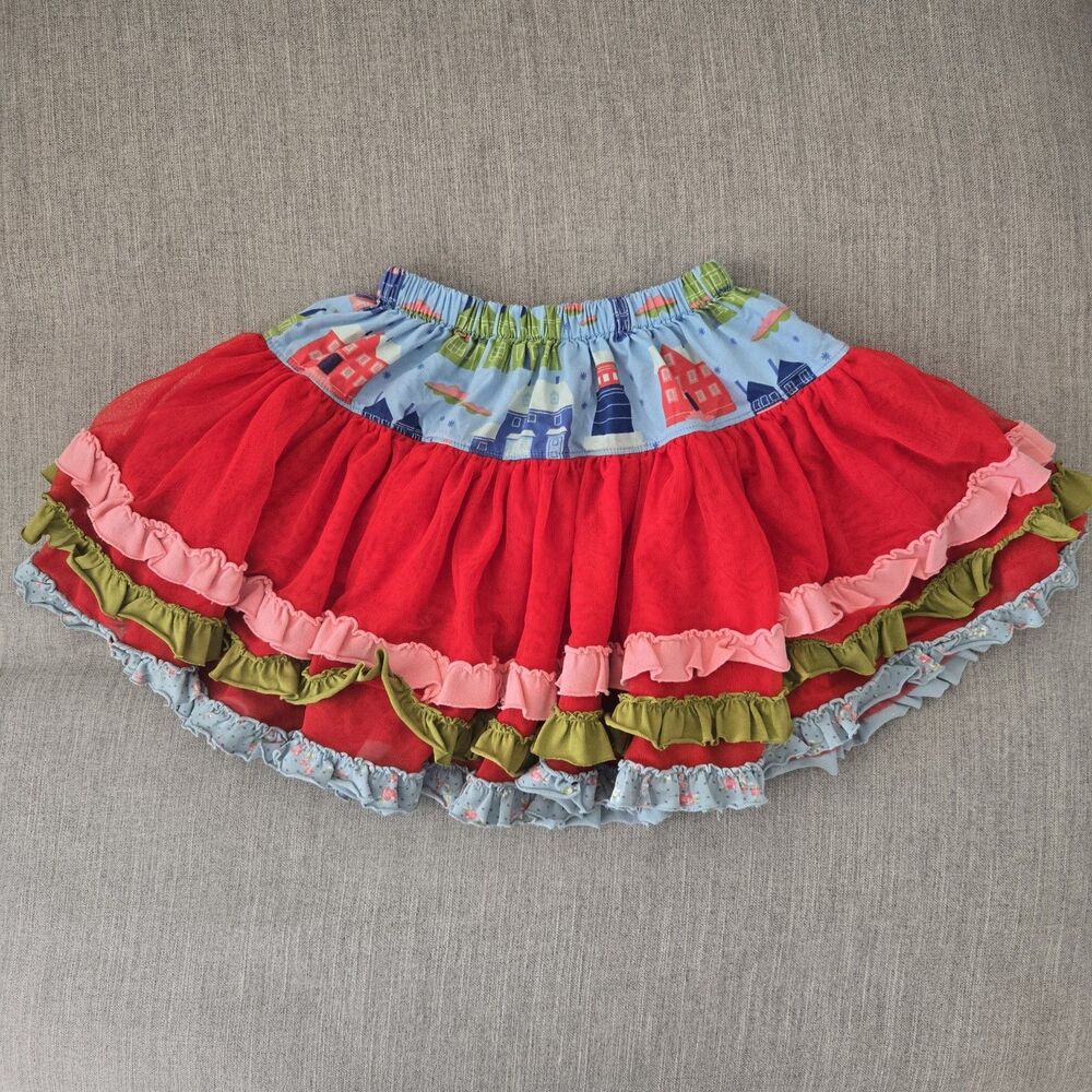 Matilda Jane Girls Red Tulle Mesh Ruffle Skirt Houses Print Elastic Waist Size 6